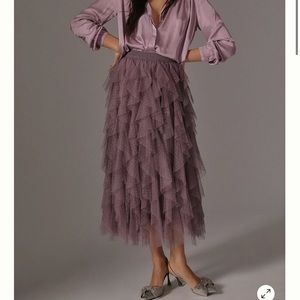 The Chéri Ruffled Tulle Midi Skirt by Anthropologie. Mauve.